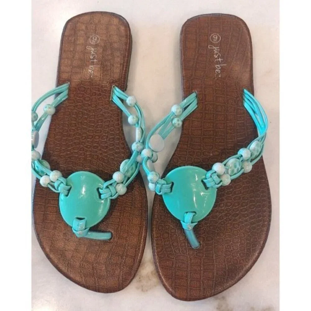 Just‎ Be Beachy Beaded Sandals Turquoise Flat Size 9